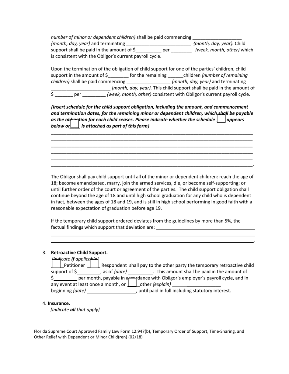 Family Law Form 12.947(B) Temporary Order of Support, Time-Sharing, and Other Relief With Dependent or Minor Child(Ren) - Florida, Page 9