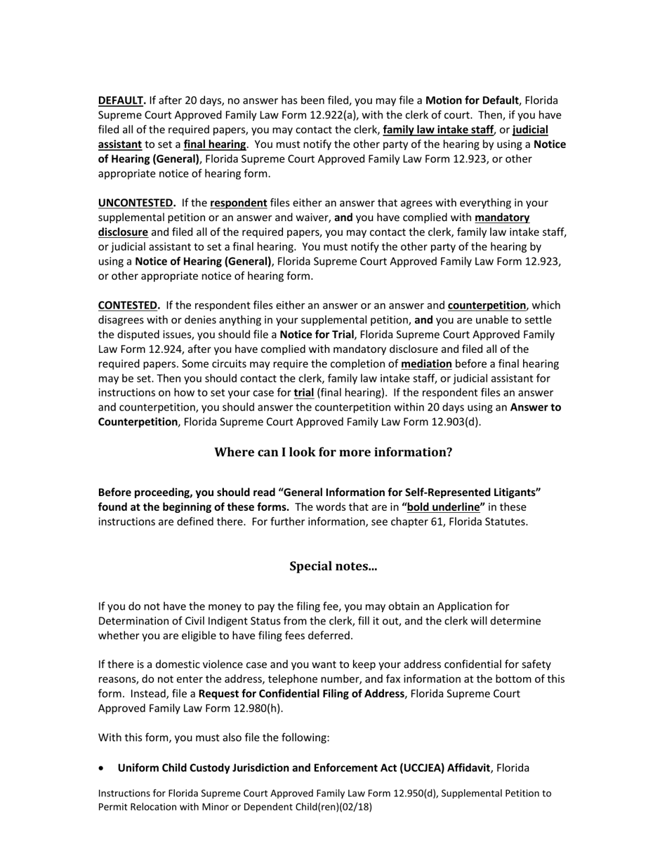 Family Law Form 12.950(D) Supplemental Petition to Permit Relocation With Minor Child(Ren) - Florida, Page 3