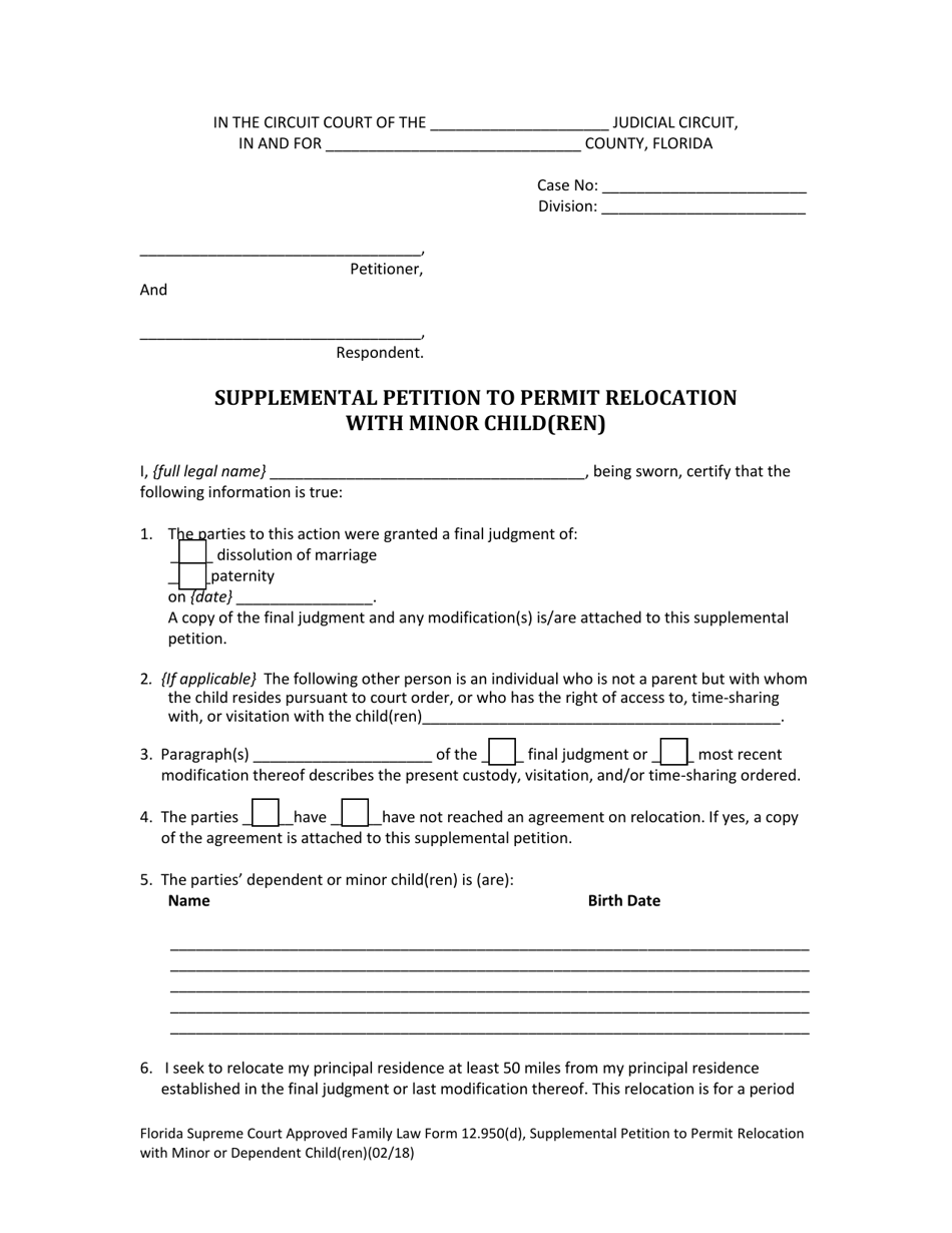 Family Law Form 12.950(D) Supplemental Petition to Permit Relocation With Minor Child(Ren) - Florida, Page 6