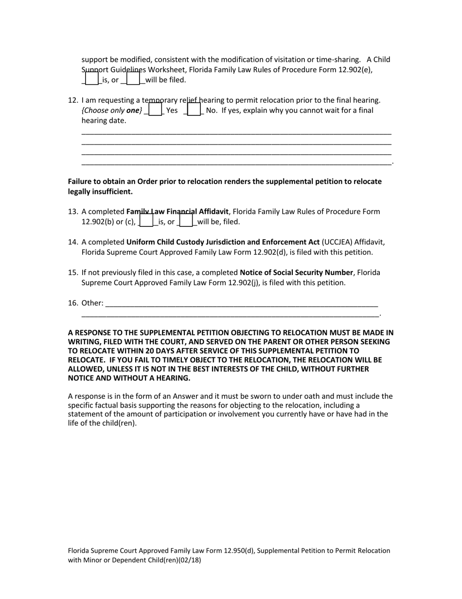 Family Law Form 12.950(D) Supplemental Petition to Permit Relocation With Minor Child(Ren) - Florida, Page 8