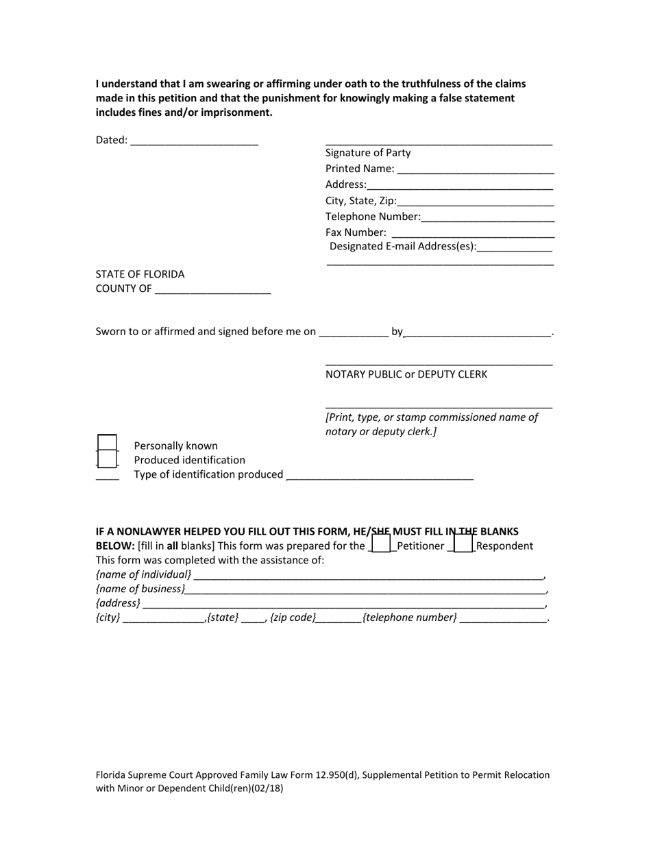 Family Law Form 12.950(D) Supplemental Petition to Permit Relocation With Minor Child(Ren) - Florida, Page 9