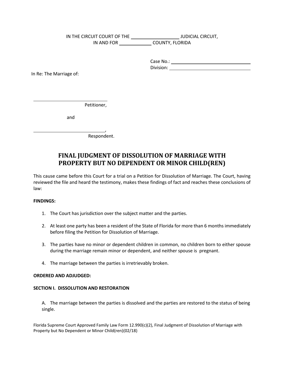 Form 12.990(C)(2) Final Judgment of Dissolution of Marriage With Property but No Dependent or Minor Child(Ren) - Florida, Page 1
