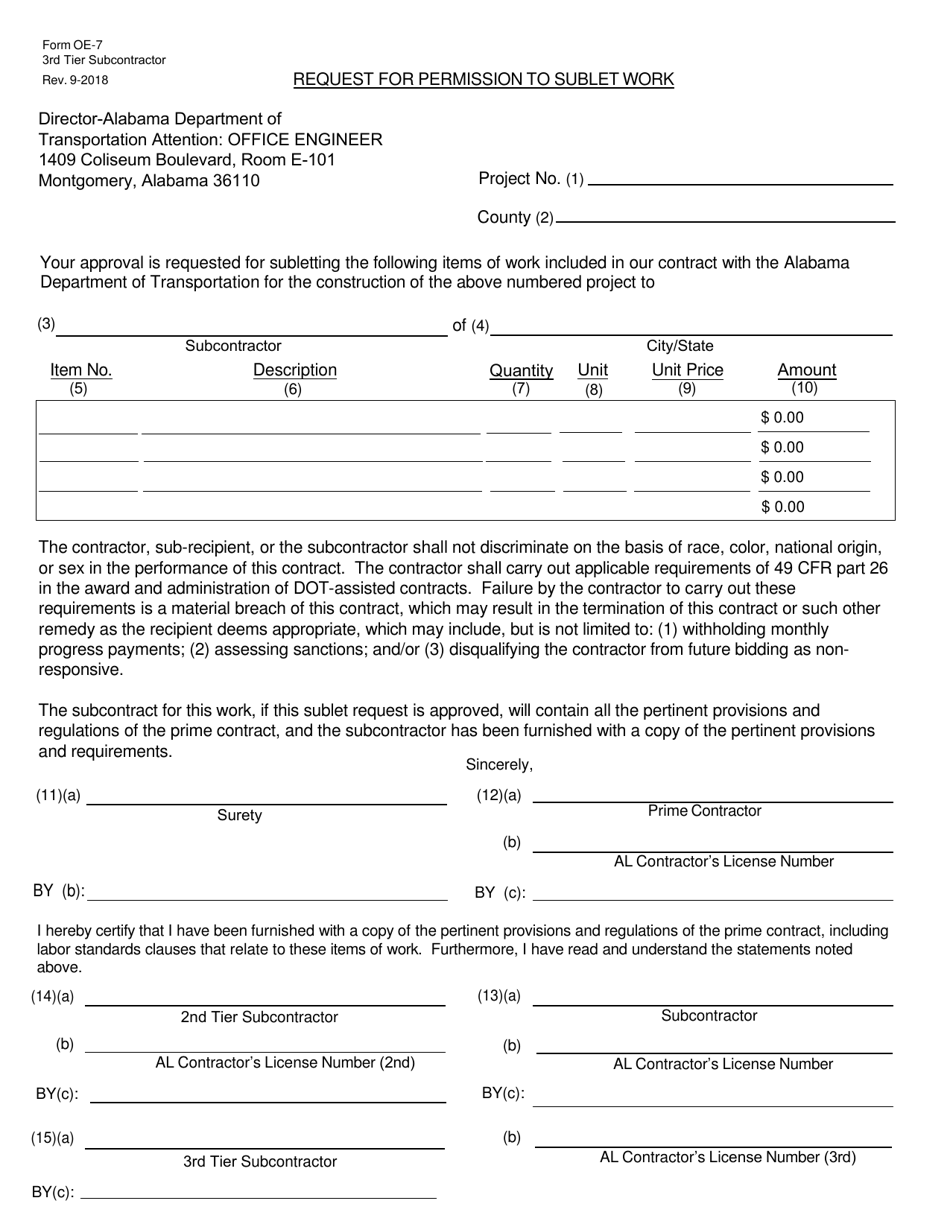 Form OE-7 3RD TIER Request for Permission to Sublet Work - Alabama, Page 1
