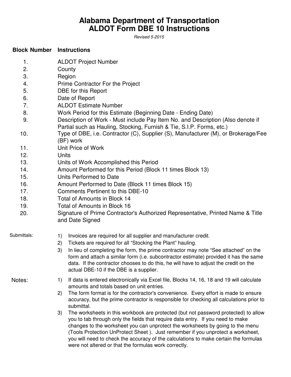 Instructions for ALDOT Form DBE-10 - Alabama, Page 1