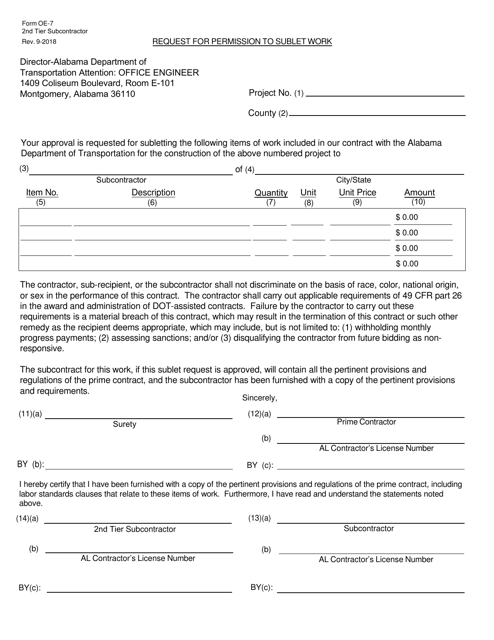 Form OE-7 2ND TIER Request for Permission to Sublet Work - Alabama