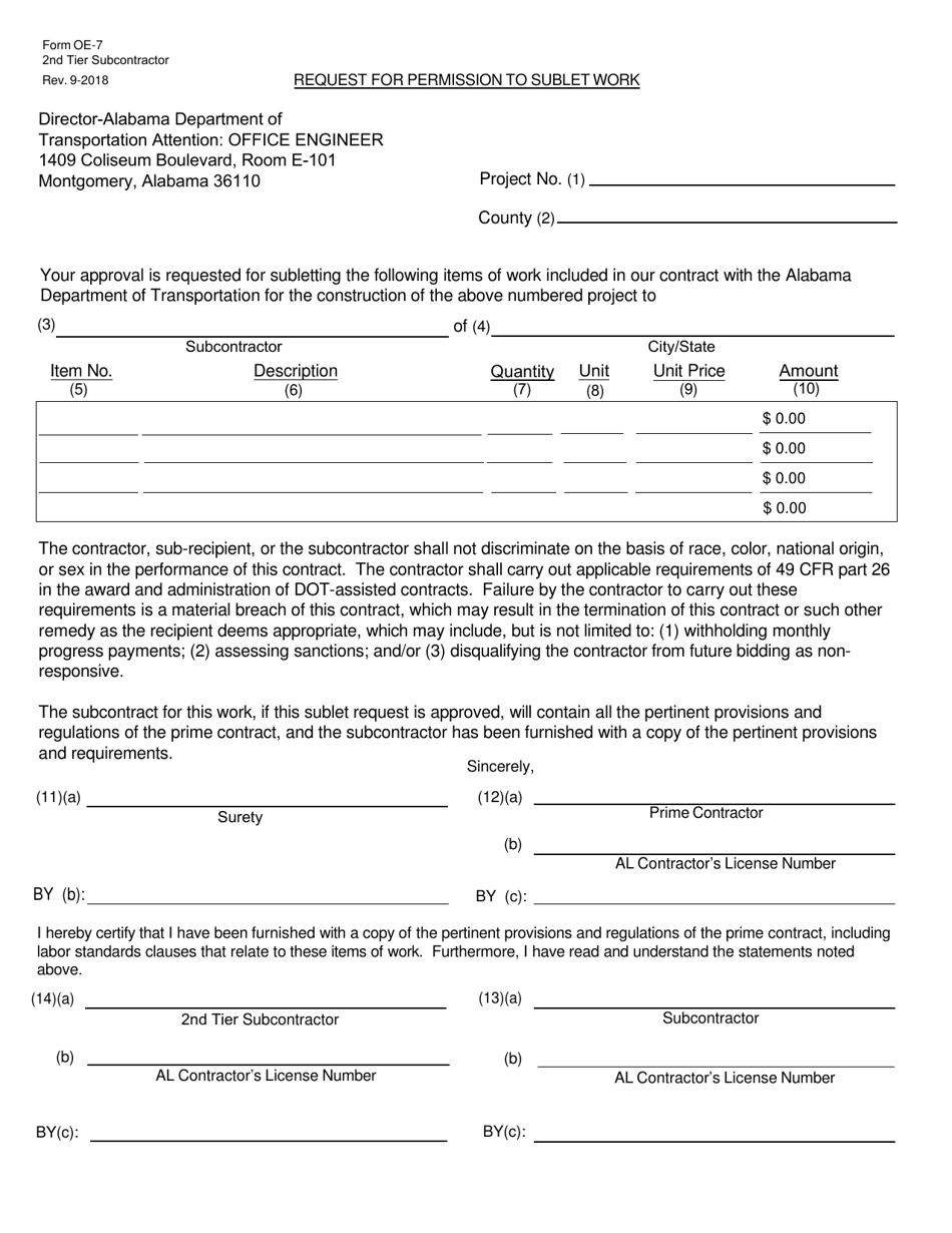 Form OE-7 2ND TIER Request for Permission to Sublet Work - Alabama, Page 1