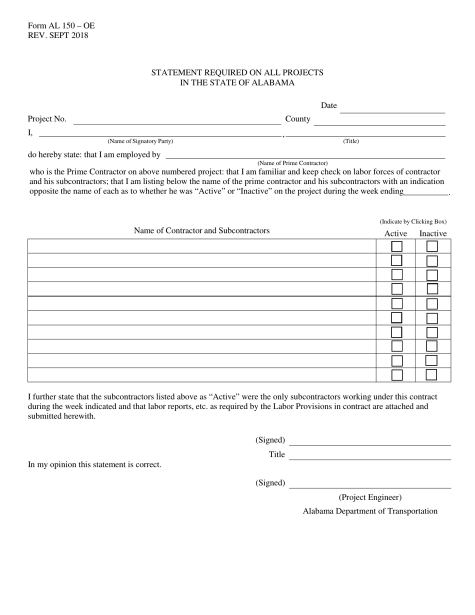 Form AL-150 Statement Required on All Projects in the State of Alabama - Alabama, Page 1