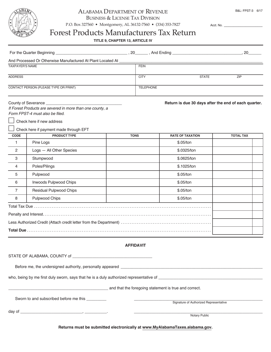 Form BL: FPST-3 Forest Products Manufacturers Tax Return - Alabama, Page 1