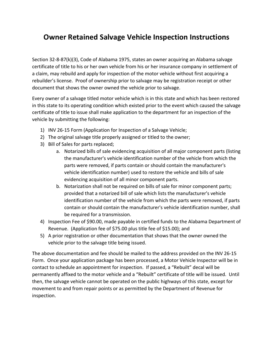 Form INV26-15 Application for Inspection of a Salvage Vehicle and Affirmation Supporting Salvage Certificate - Alabama, Page 3
