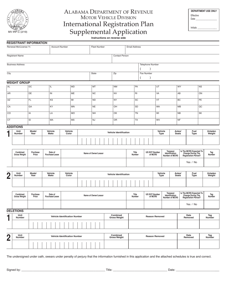 Form MV IRP-C International Registration Plan Supplemental Application - Alabama, Page 1