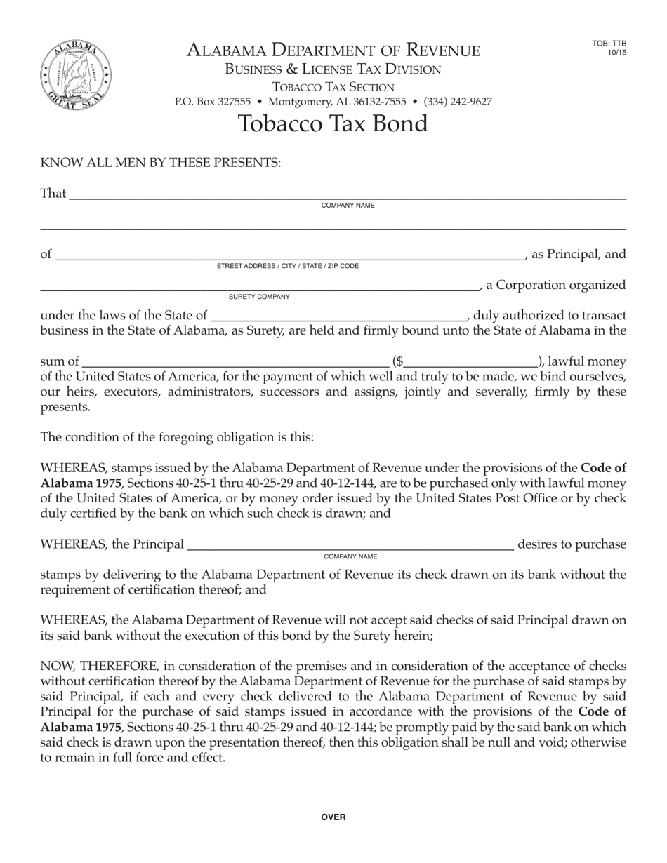 Form TOB: TTB Tobacco Tax Bond - Alabama, Page 1