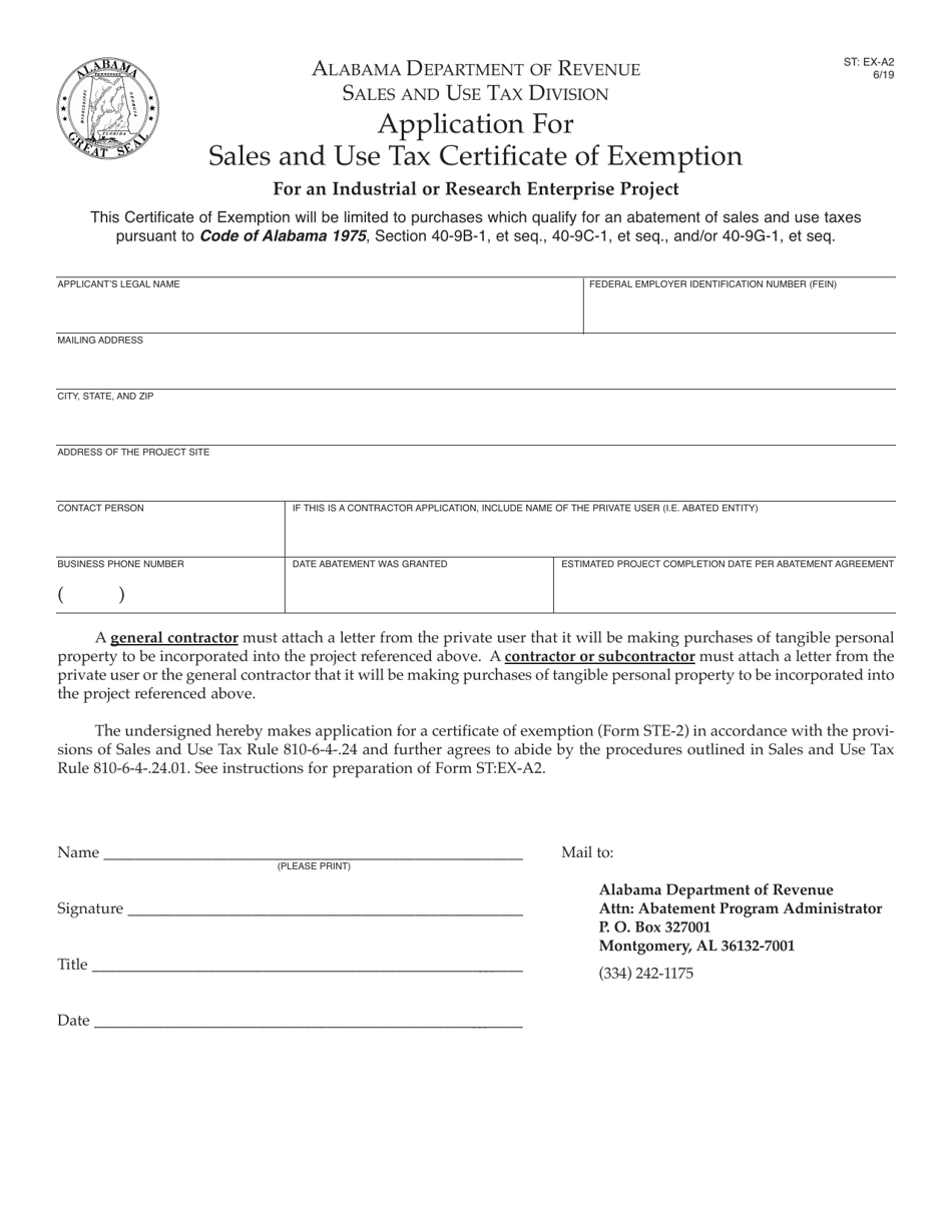 Form ST: EX-A2 Application for Certificate of Exemption for an Industrial or Research Enterprise Project - Alabama, Page 1