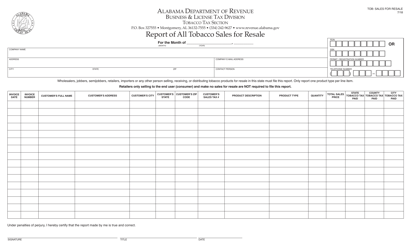 Document preview: Form TOB: SALES FOR RESALE Report of All Tobacco Sales for Resale - Alabama