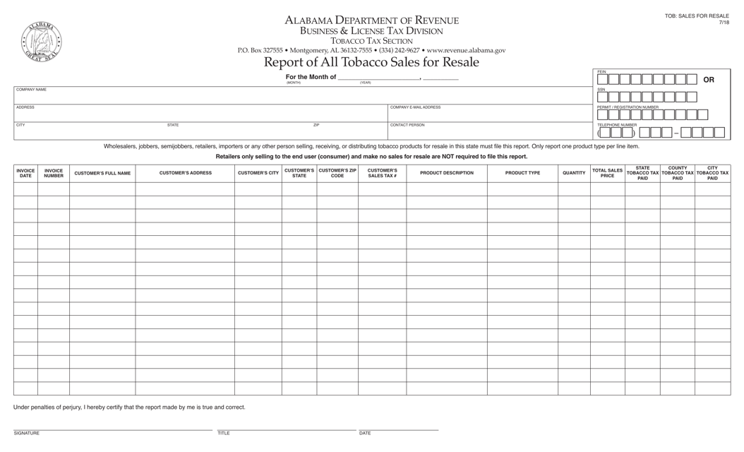 Form TOB: SALES FOR RESALE Report of All Tobacco Sales for Resale - Alabama