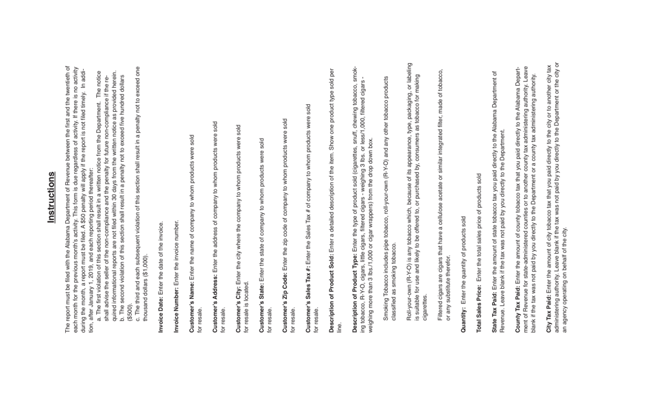 Form TOB: SALES FOR RESALE Report of All Tobacco Sales for Resale - Alabama, Page 2