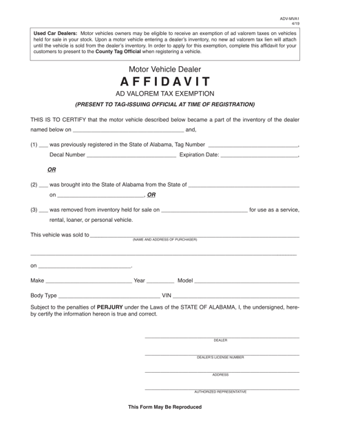 Form ADV-MVA1 Motor Vehicle Dealer Affidavit Ad Valorem Tax Exemption - Alabama