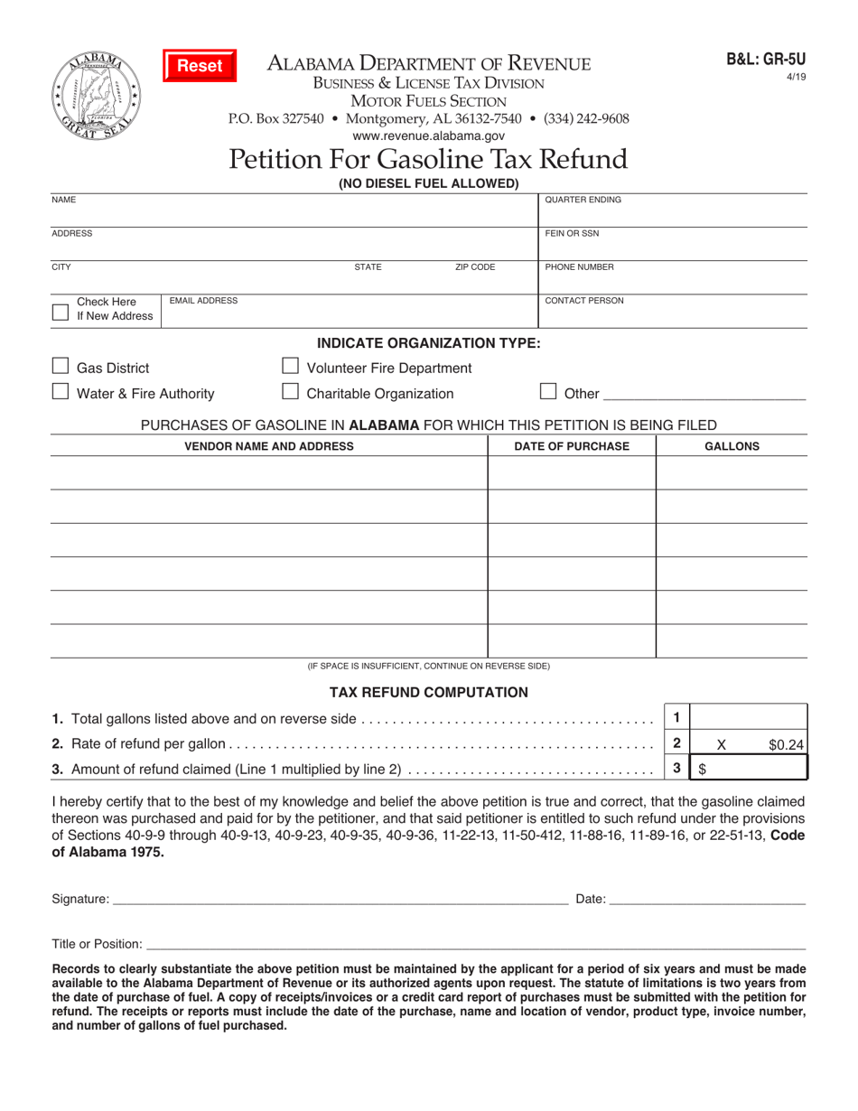Form BL: GR-5U Petition for Gasoline Tax Refund - Alabama, Page 1