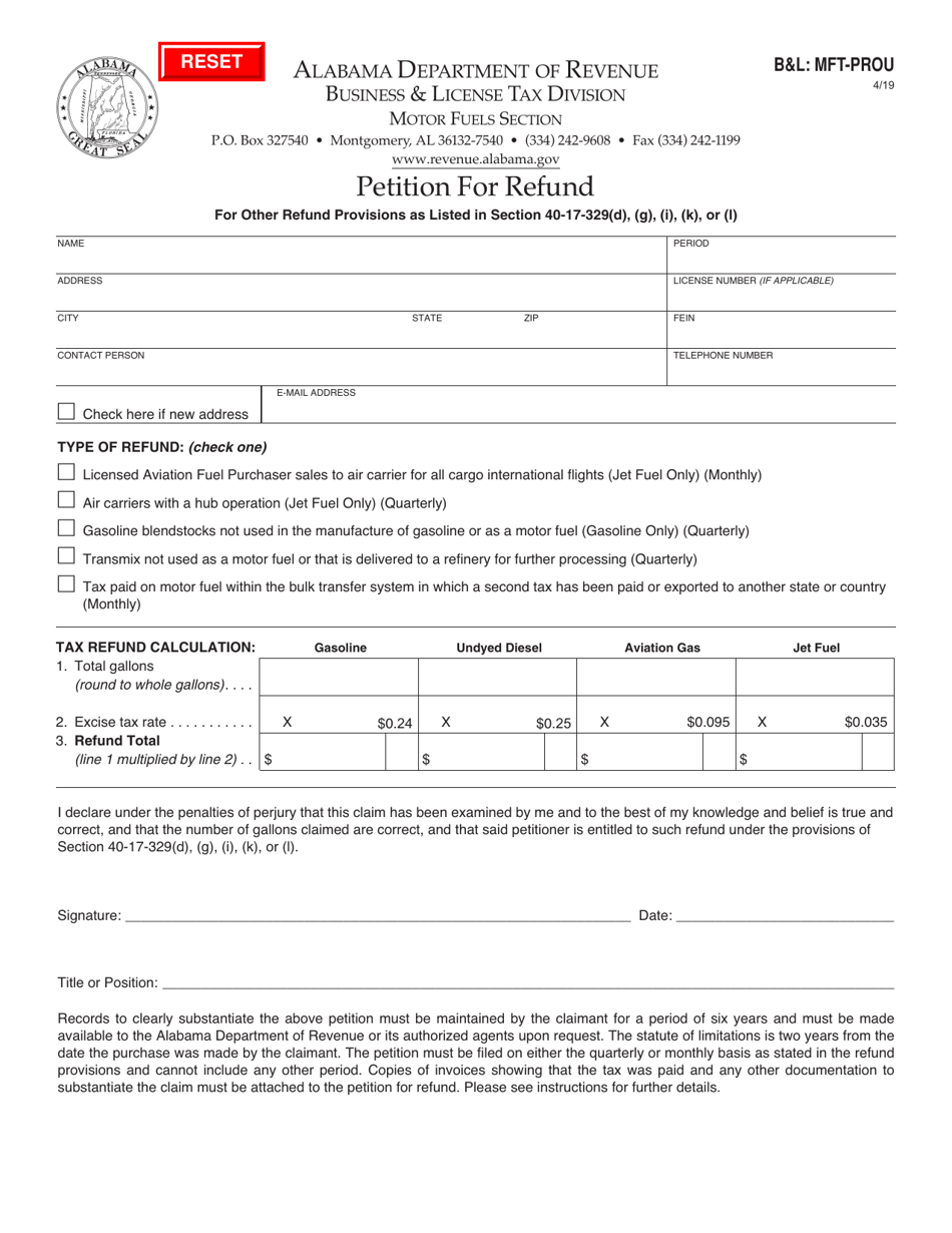 Form BL: MFT-PROU Petition for Refund - Alabama, Page 1