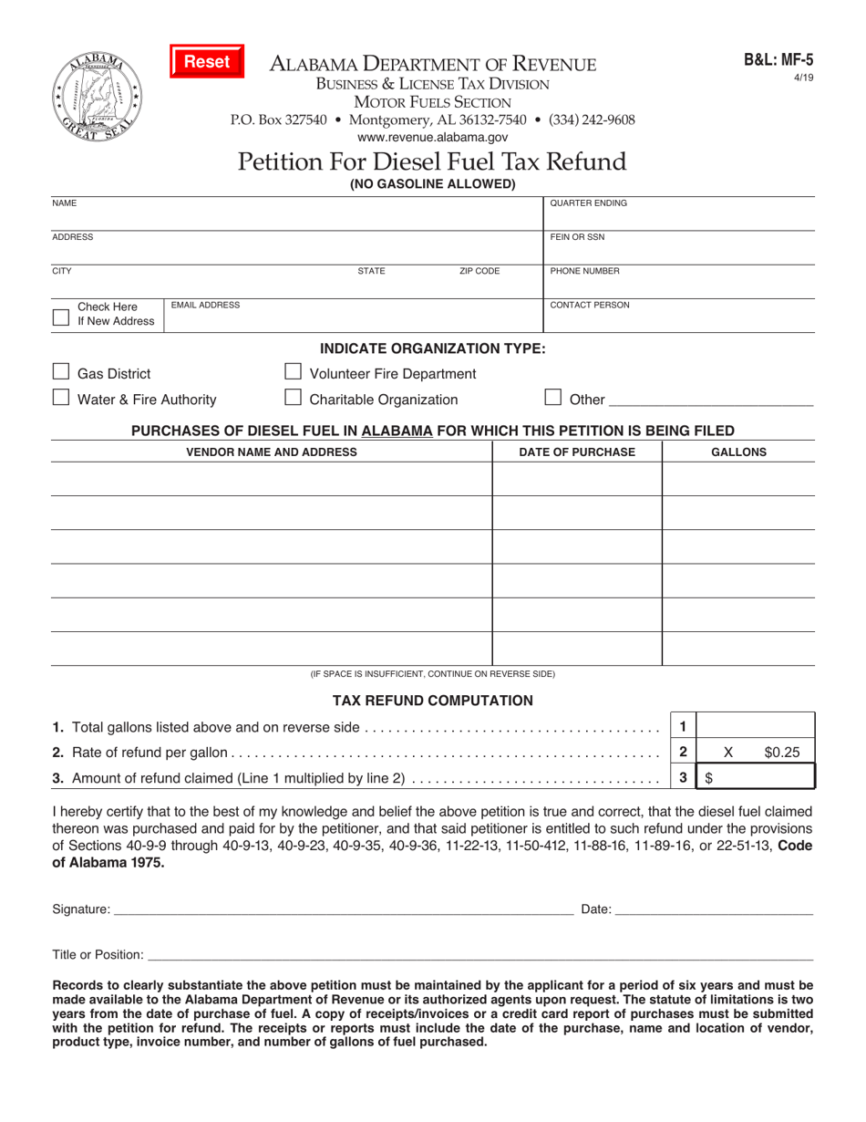 Form BL: MF-5 Petition for Diesel Fuel Tax Refund - Alabama, Page 1
