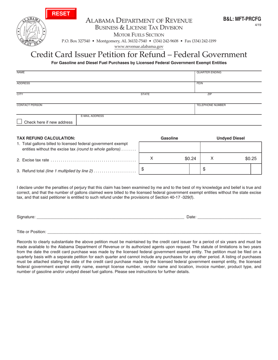 Form BL: MFT-PRCFG Credit Card Issuer Petition for Refund  Federal Government - Alabama, Page 1