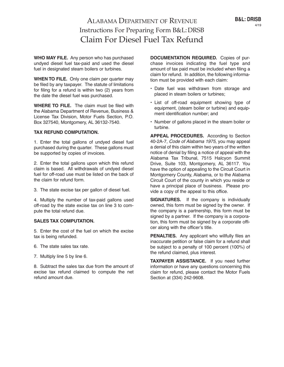 Download Instructions For Form B&L: DRSB Claim For Diesel Fuel Tax ...