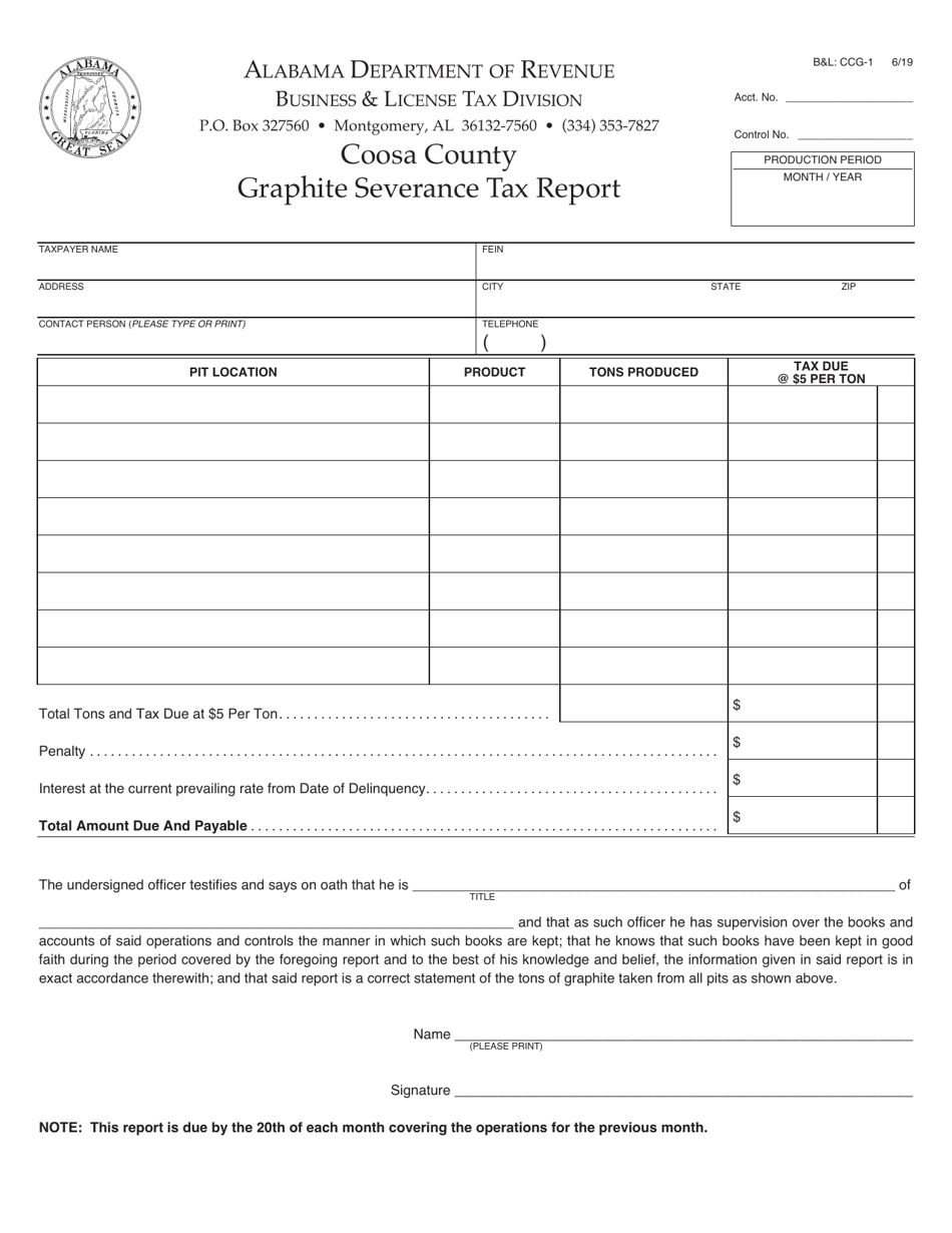 Form BL: CCG-1 Graphite Severance Tax Report - Coosa county, Alabama, Page 1