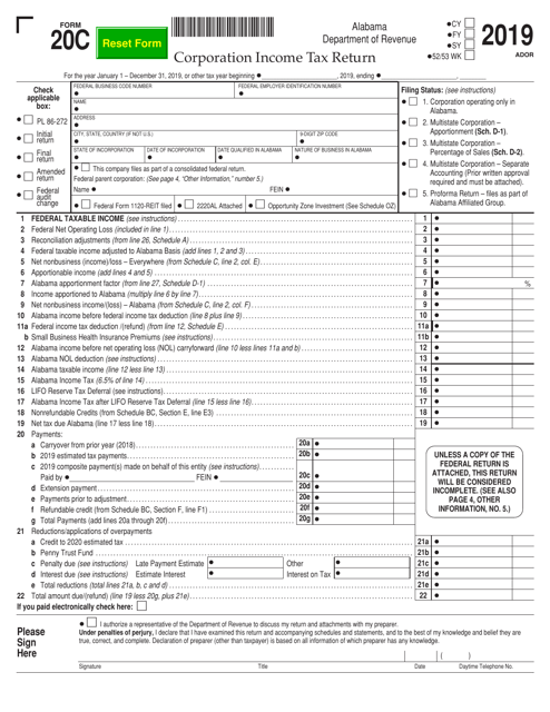 Form 20C Corporation Income Tax Return - Alabama, 2019