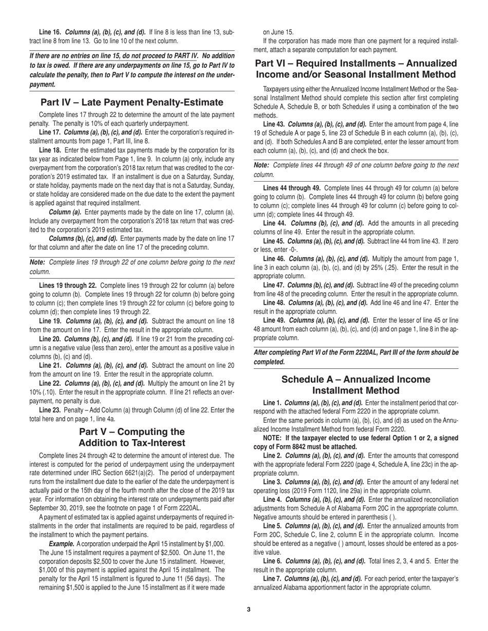 Instructions for Form 2220AL Underpayment of Estimated Tax for Corporations - Alabama, Page 3