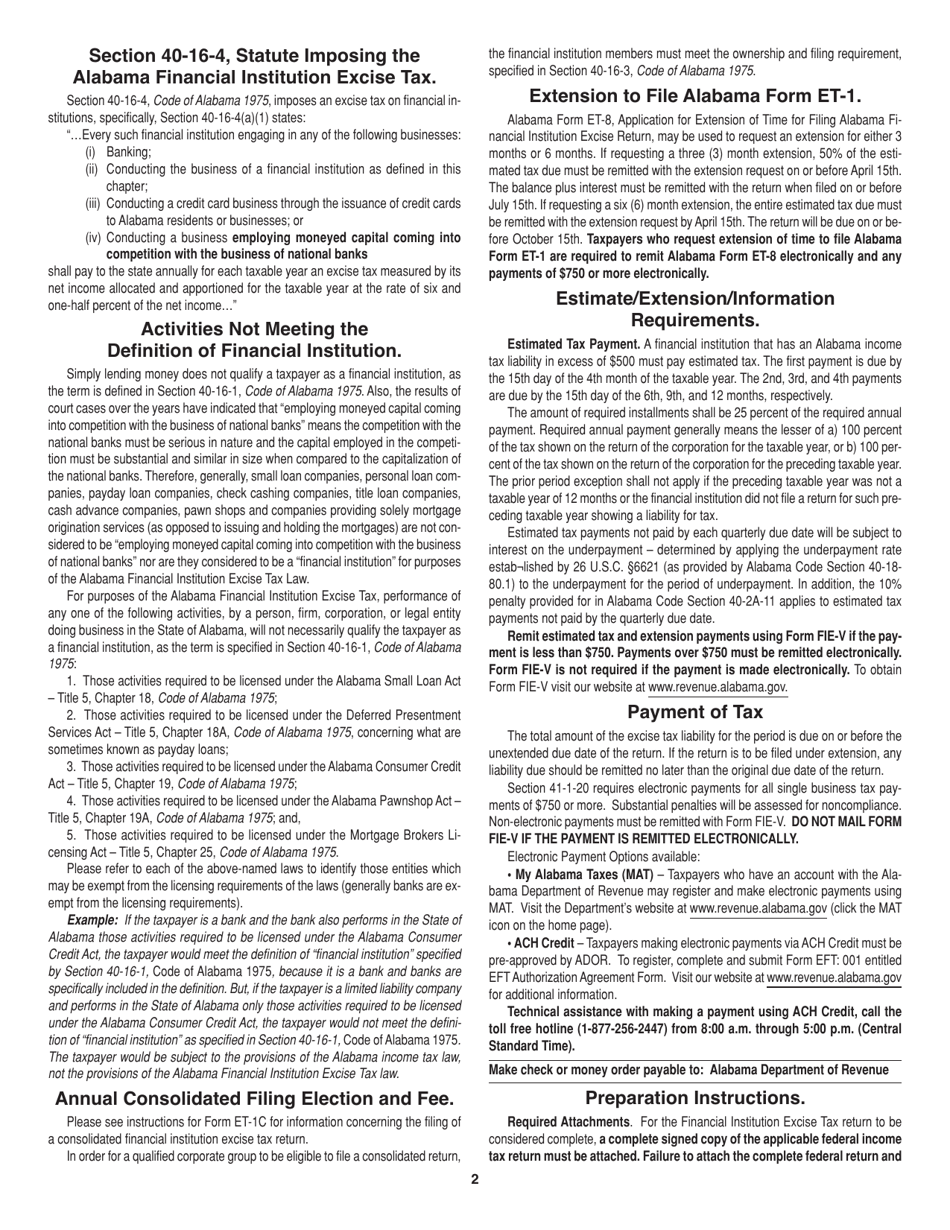 Instructions for Form ET-1 Financial Institution Excise Tax Return - Alabama, Page 2