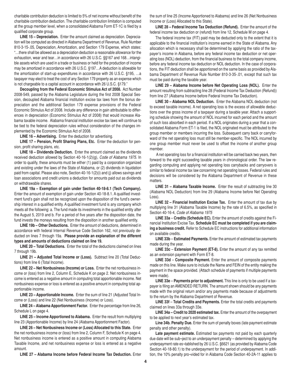 Instructions for Form ET-1 Financial Institution Excise Tax Return - Alabama, Page 4