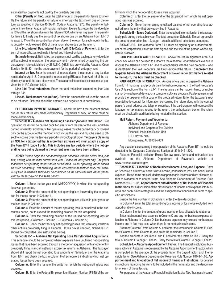 Instructions for Form ET-1 Financial Institution Excise Tax Return - Alabama, Page 5