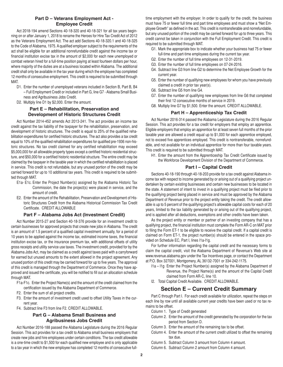 Instructions for Form ET-1 Schedule EC Business Credits - Alabama, Page 2