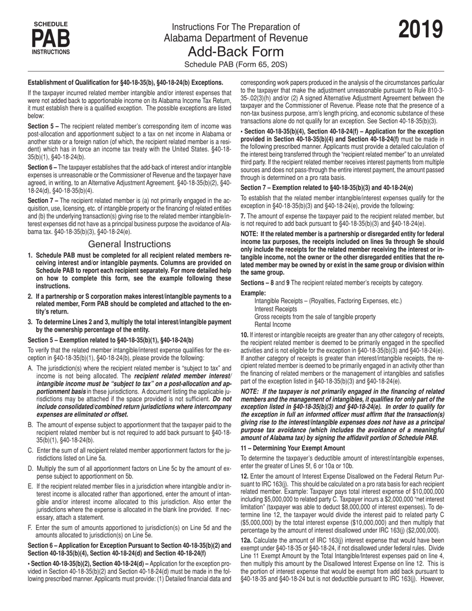 Instructions for Schedule PAB Add-Back Form - Alabama, Page 1