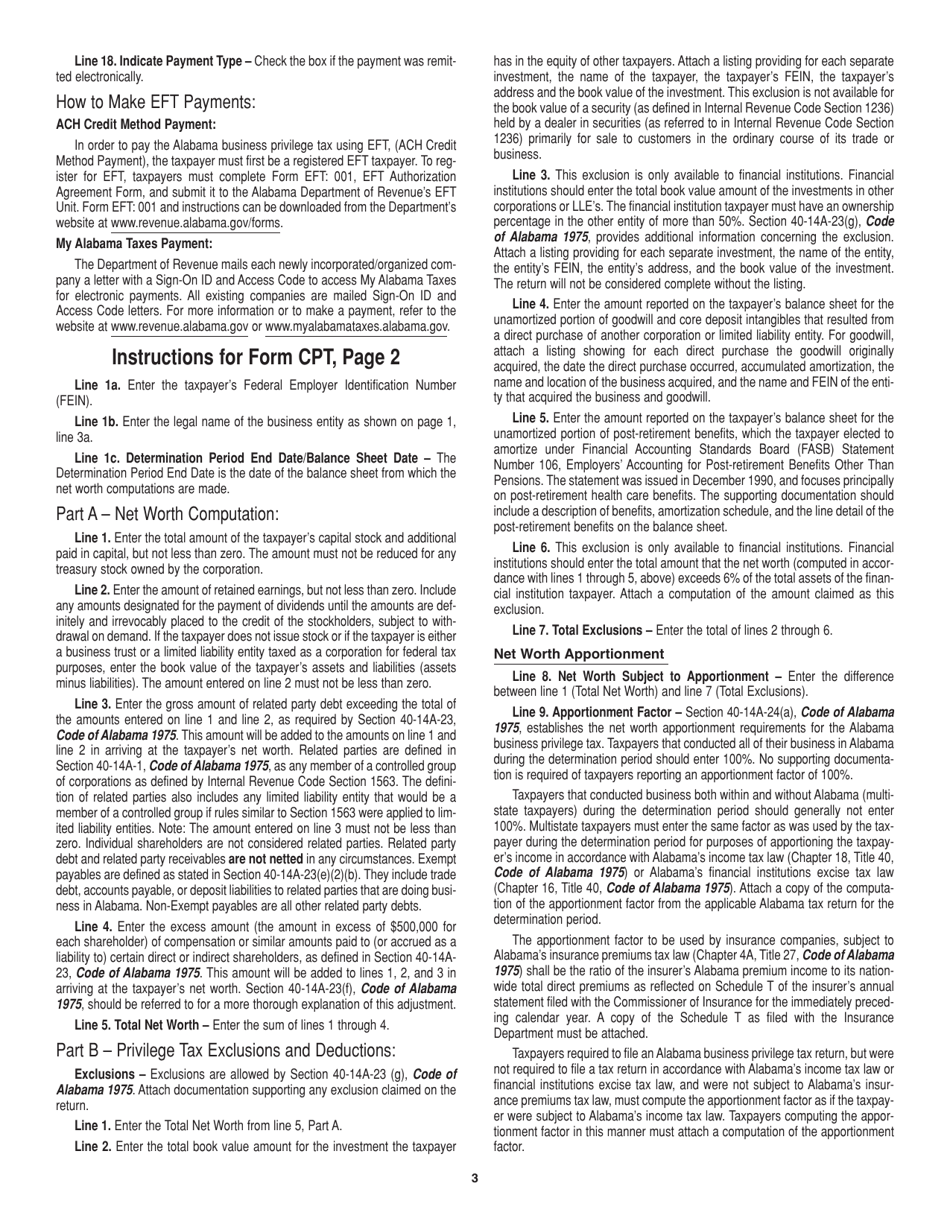 Instructions for Form CPT Alabama Business Privilege Tax Return and Annual Report for C-Corporations and Other Specified Entities - Alabama, Page 3