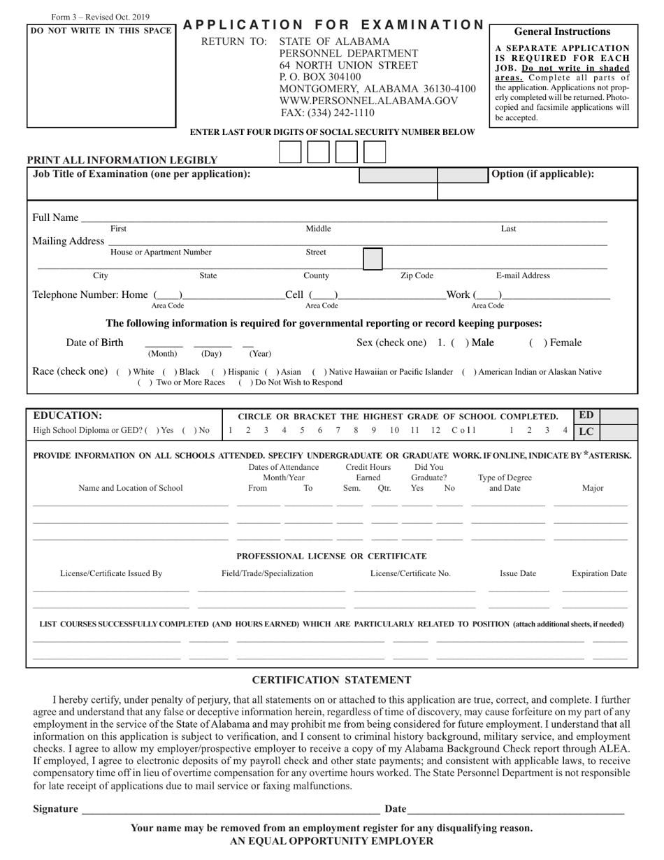 Form 3 Application for Examination - Alabama, Page 1