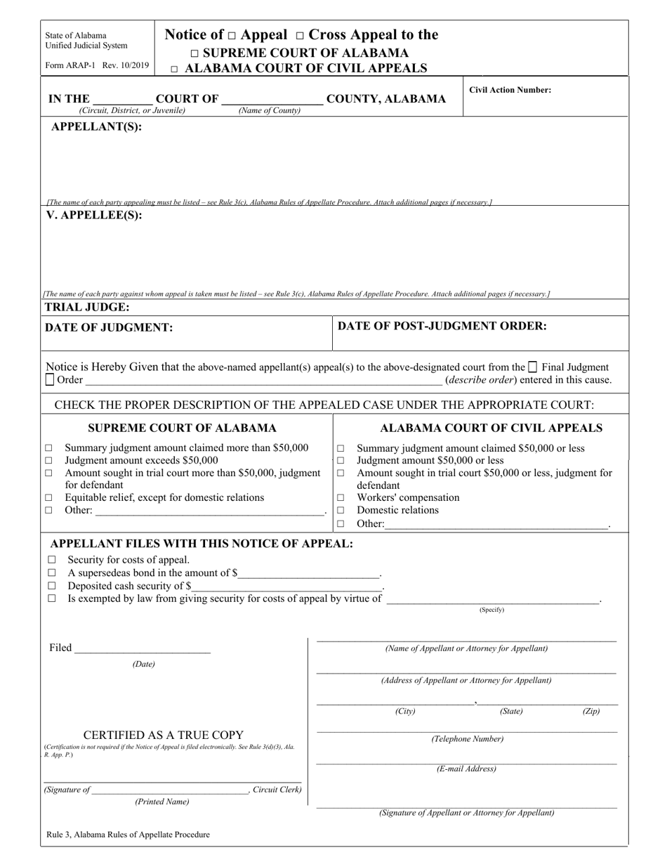 Form ARAP-1 Notice of Appeal-Cross Appeal to the Supreme Court of Alabama or Alabama Court of Civil Appeals - Alabama, Page 1