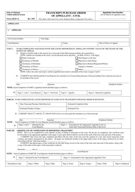 Form ARAP-1A Transcript Purchase Order of Appellant - Civil - Alabama