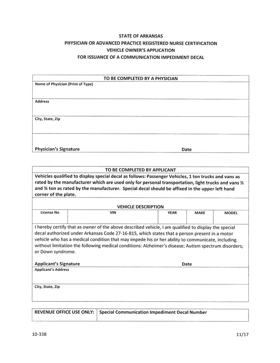 Form 10-338 Vehicle Owners Application for Issuance of a Communication Impediment Decal - Arkansas, Page 1