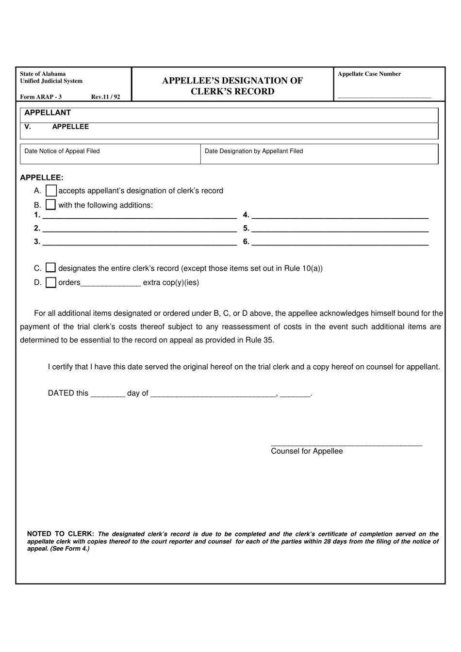 Form ARAP-3 Appellees Designation of Clerks Record - Alabama, Page 1