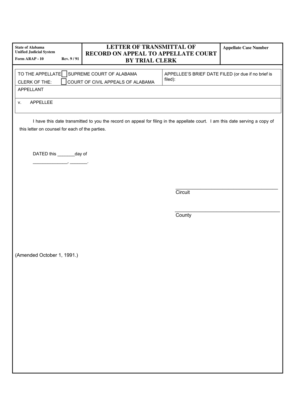 Form ARAP-10 Letter of Transmittal of Record on Appeal to Appellate Court by Trial Clerk - Alabama, Page 1