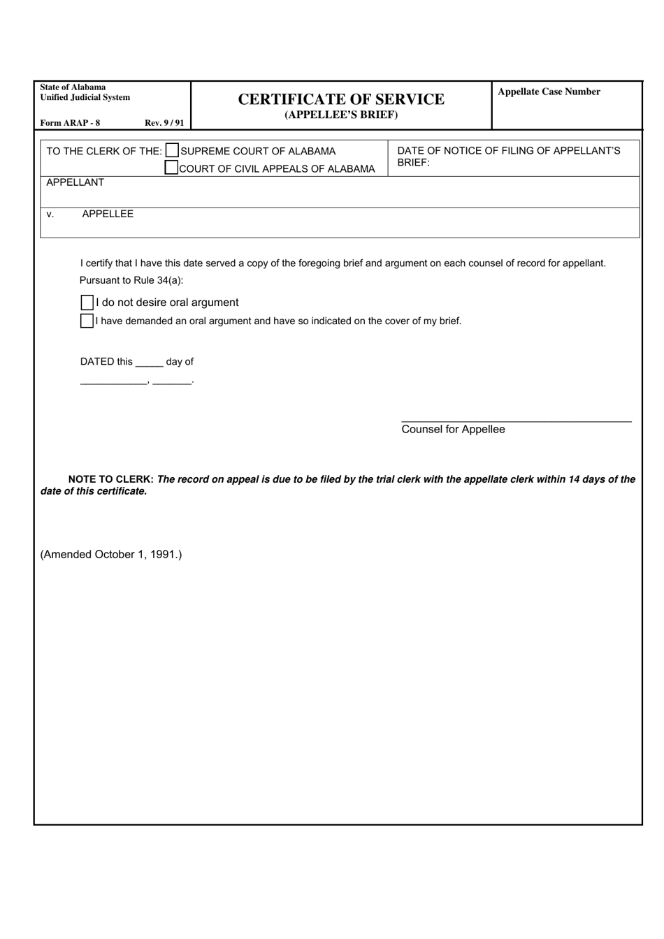 Form ARAP-8 Certificate of Service (Appellees Brief) - Alabama, Page 1