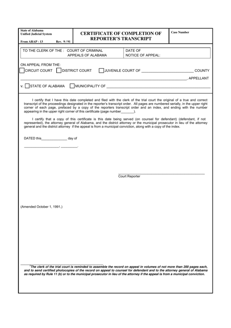 Form ARAP-13 Certificate of Completion of Reporter's Transcript - Alabama