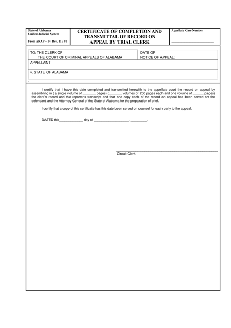 Form ARAP-14 Certificate of Completion and Transmittal of Record on Appeal by Trial Clerk - Alabama