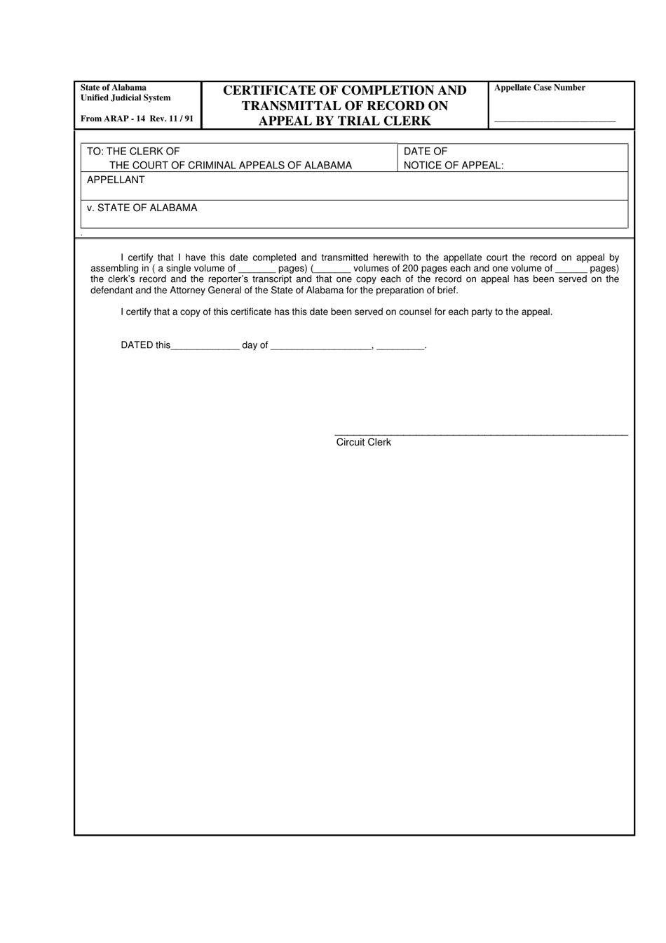 Form ARAP-14 Certificate of Completion and Transmittal of Record on Appeal by Trial Clerk - Alabama, Page 1