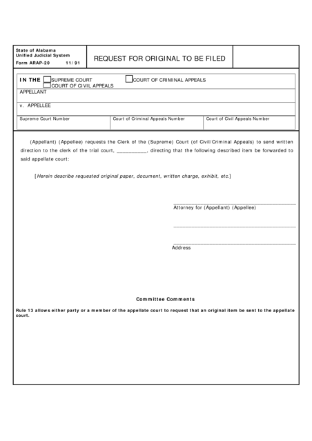 Form ARAP-20 Request for Original to Be Filed - Alabama