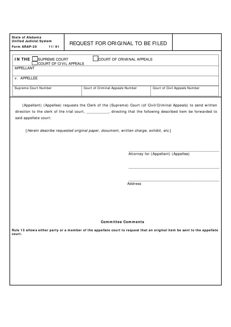 Form ARAP-20 Request for Original to Be Filed - Alabama, Page 1