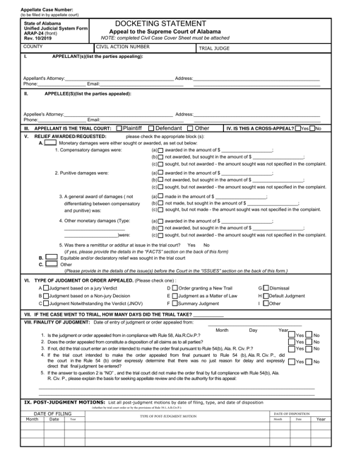 Form ARAP-24 Docketing Statement (Appeal to the Supreme Court of Alabama) - Alabama