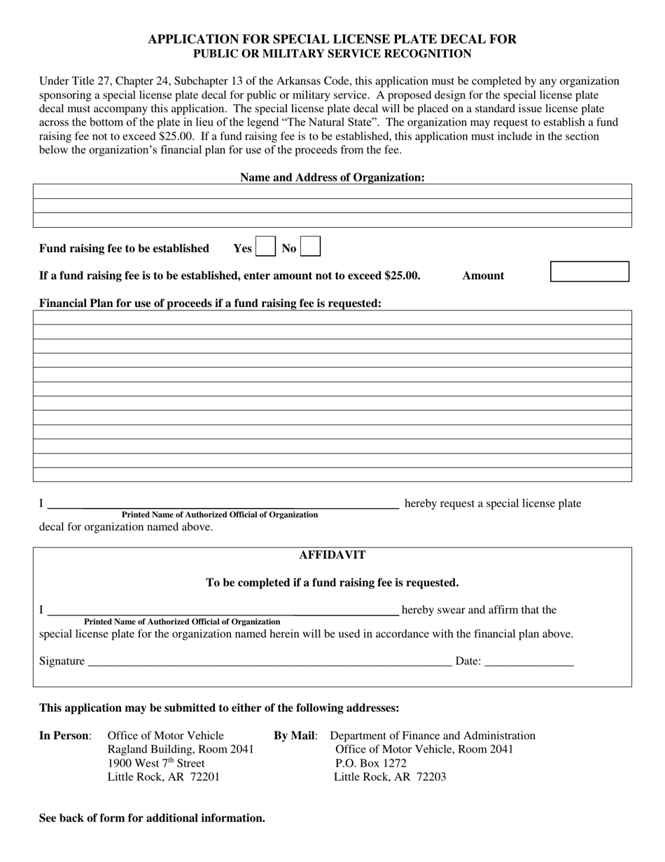 Application for Special License Plate Decal for Public or Military Service Recognition - Arkansas, Page 1