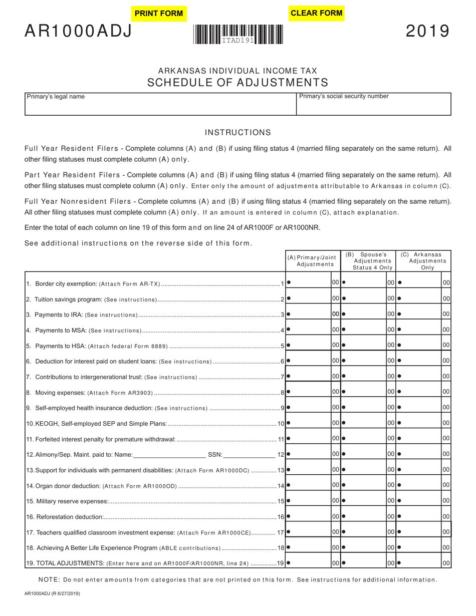 Form AR1000ADJ Schedule of Adjustments - Arkansas, Page 1