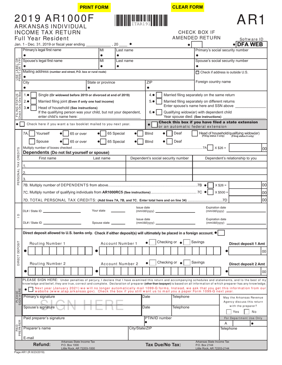 Form AR1000F Arkansas Full Year Resident Individual Income Tax Return - Arkansas, Page 1